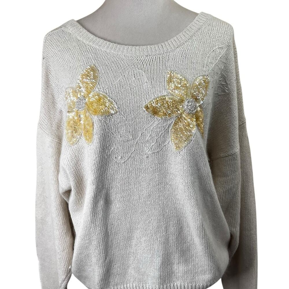 Amanda Smith Silk Angora Cream Floral Sequin Sweater (Made in Hong Kong) M